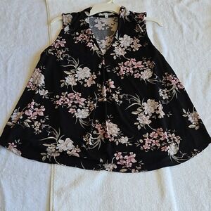 Lynn Ryan Black Pink Floral V-Neck Sleeveless Tunic Blouse Size XL